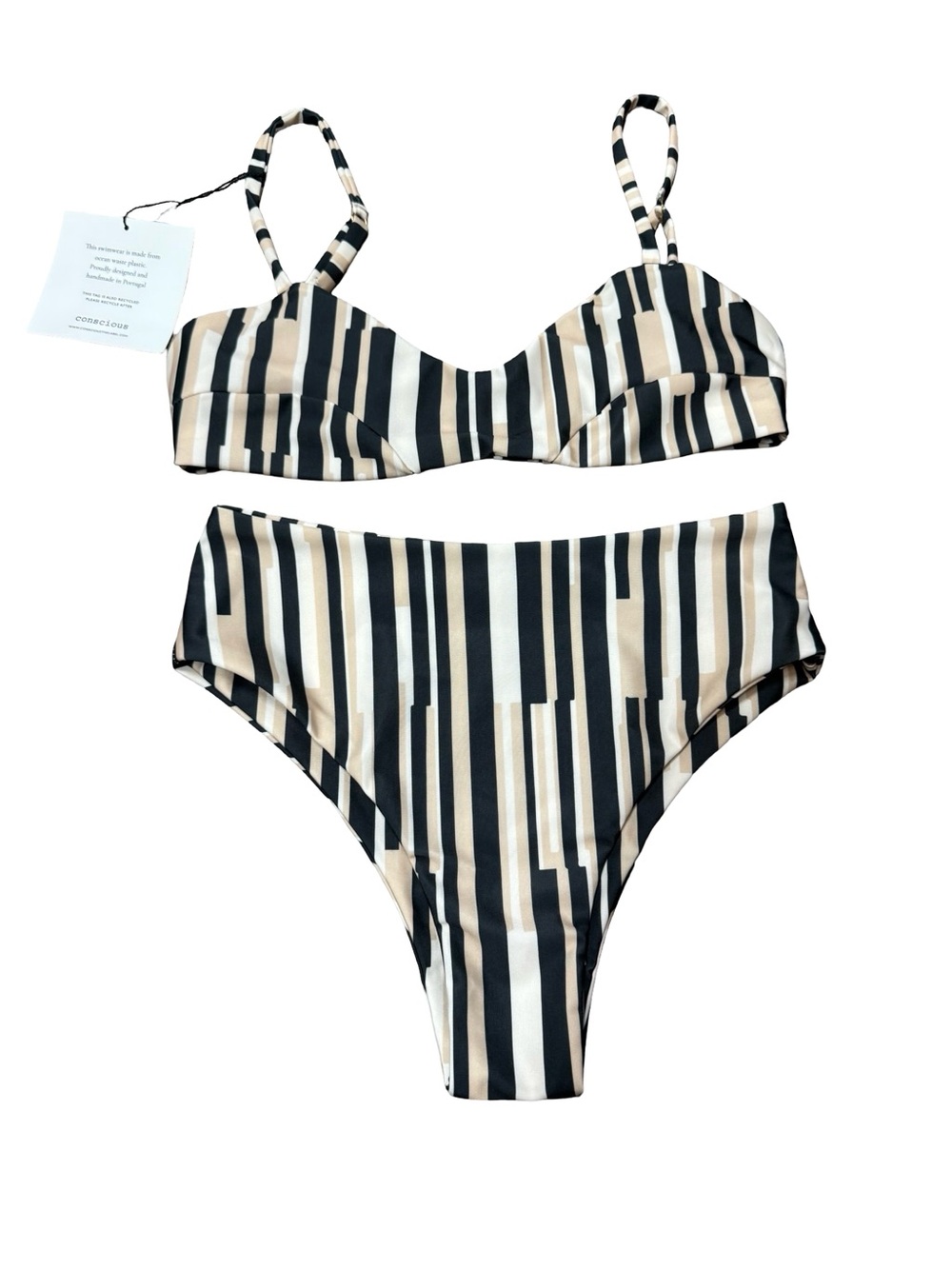 Striped Under Boob High-Waist Bikini Set - Black & Cream SZ S
